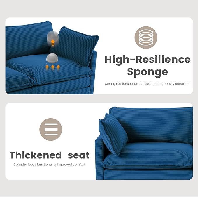 148'' Sectional Modular Cloud Couch, Oversized U Shaped 4 Seat Sofa with 2 Movable Ottomans, 2 Throw Pillows, Upholstered Corduroy U Shape Comfy Deep Couches for Living Room and Office, Blue