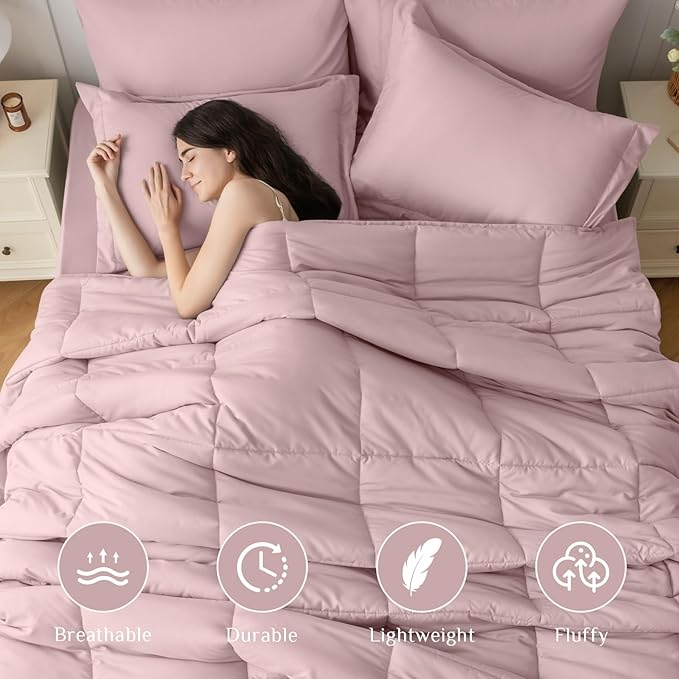 JOLLYVOGUE California King Comforter Set, Ultra-Soft Bed in a Bag Cal King Size 7 Pieces, Oeko-TEX Certified Bedding Set with Down Alternative Comforter, Sheets, Pillowcases & Shams, Camio Pink