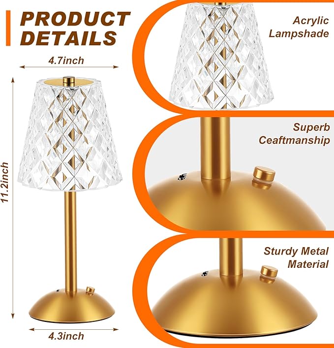 Liliful 1 Pcs Cordless Table Lamp Rechargeable Touch LED Small Gold Portable Battery Operated USB-c Desk Lamp 3 Color Dimmable for Bedroom Living Room Dining (Gold,Diamond Style)