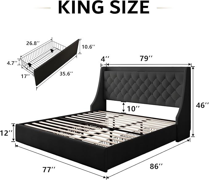 iPormis King Bed Frame with 4 Storage Drawers, Upholstered Platform Bed Frame with Type-C & USB Ports, Wingback Storage Headboard, Solid Wood Slats, No Box Spring Needed, Black