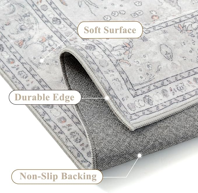 Grey 3x5 Area Rug Washable Vintage Carpet for Entryway Office Soft Retro Floral Kitchen Low Pile Thin Door Mat Non Slip Central Medallion Throw Rug for Bathroom Bedroom Dining Living Room