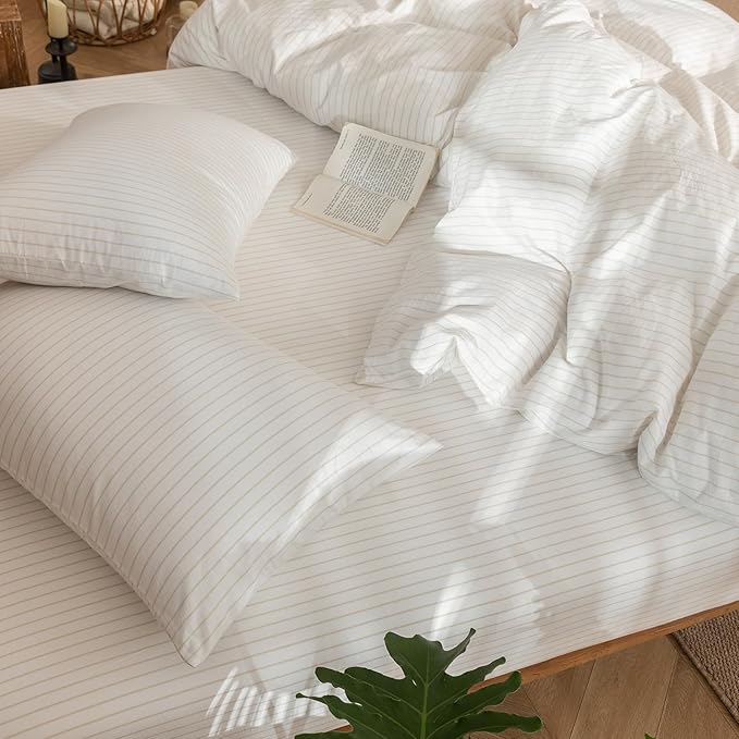 MooMee Striped Duvet Cover Set 100% Washed Cotton Linen Like Textured Breathable Durable Soft Comfy (White Almond Milk Grey Wide Stripes, Queen 90"x90")