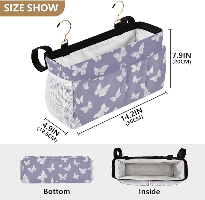 Bedside Caddy Hanging Bunk Bed Caddy Bed Organizer Hanging Pocket with 2 Hooks Bedside Storage Organizer Pocket Bag Holder White Butterfly Purple