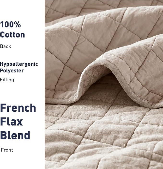Hyde Lane Luxury Linen Quilt Set Queen Size, Organic European Flax Cotton Blend Bedding for Bedspread and Coverlet, Box Stitched, with 2 Pillow Shams, 90"x96", Linen