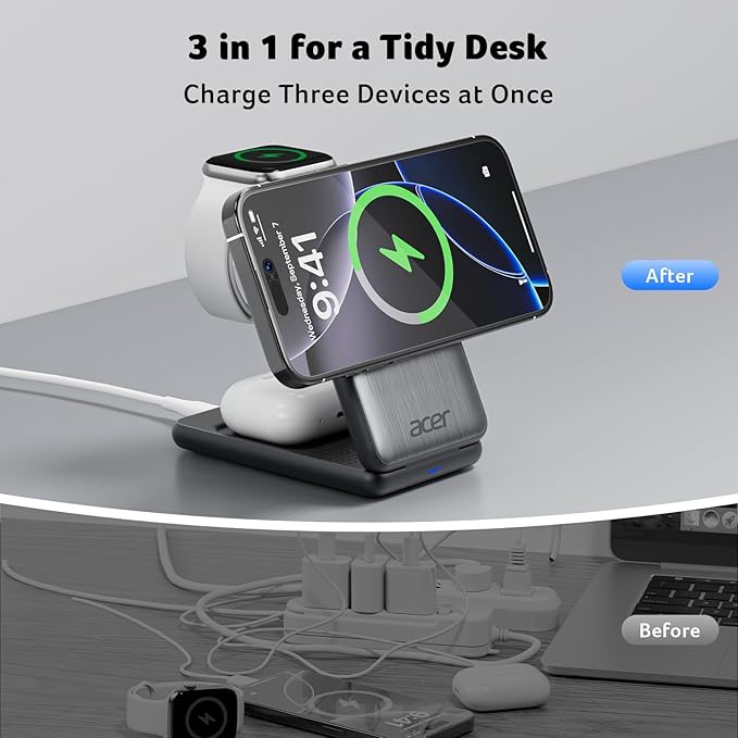 Acer 3 in 1 Charging Station for iPhone, Wireless Charger Stand,15W Fast MagSafe Charger for iPhone 17 16 15 14 13 12 Series-Apple Watch 10 9 8 7 6 5 4 3 2 SE and Ultra Series-Airpods 4 3 2 Pro Series