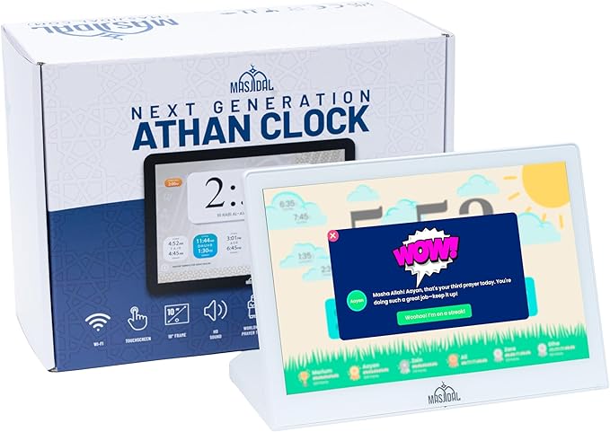 Masjidal 10" Digital Azan Clock with WiFi, Dynamic Touch Screen, Worldwide Prayer Times, Full Quran Player, Islamic Art, Streaming Halal Muslim Content: Duas, Dhikr, Surah of The Day, White (L-Shaped)
