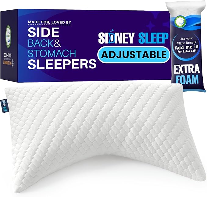 Sidney Sleep Adjustable Curved Contour Fill Pillow – Queen Size – for Side and Back Sleepers – Neck & Shoulder Comfort Support – Extra Fill Included (White)