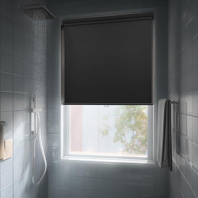 HESTIA No Drill Cordless Blackout Roller Shades Screwless Waterproof Shower Window Blinds, Auto-Retraction Easy Install Blind for Bathroom/Kitchen/Office/Exterior, Black, 29.5" W x 54" H