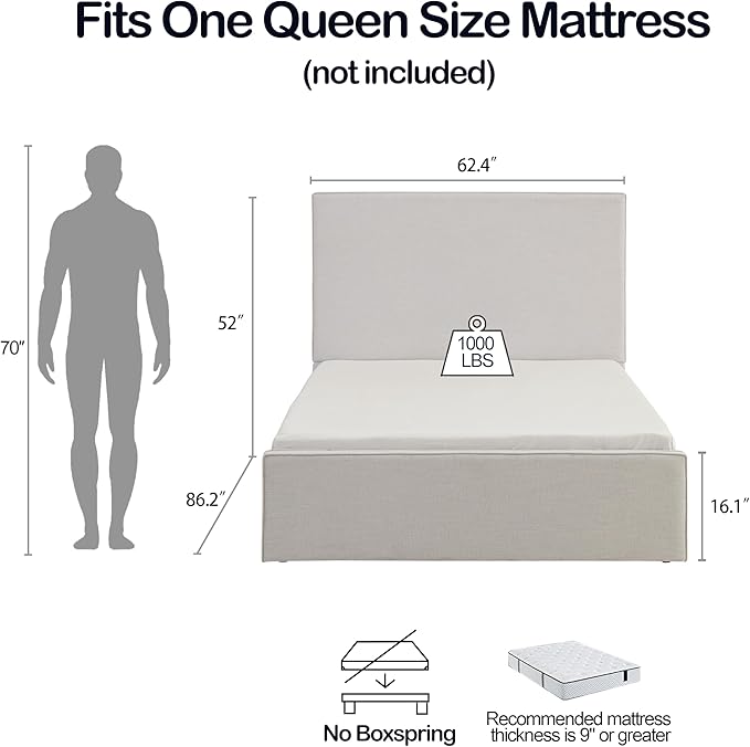 Queen Size Upholstered Bed Frame, 52" High Headboard Wingback Bedframe, Lucas Tall Headboard Floor Platform Beds, No Box Spring Needed No Noise/Minimalist, Textured Lvory Canvas Chenille