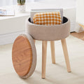 Mxfurhawa Storage Ottoman Linen Round Vanity Stool Tray Top Modern Foot Stool with Wood Legs Multifunctional Upholstered Foot Ottoman Rest for Living Room, Bathroom, Makeup (Khaki)