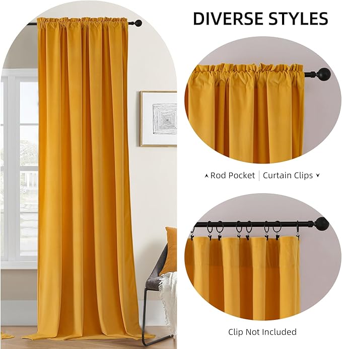 Joydeco Yellow Velvet Curtains 120 inch Length 2 Panels, Luxury Blackout Rod Pocket Thermal Insulated Window Curtains, Super Soft Room Darkening Drapes for Living Dining Room Bedroom,W52 x L120 inches