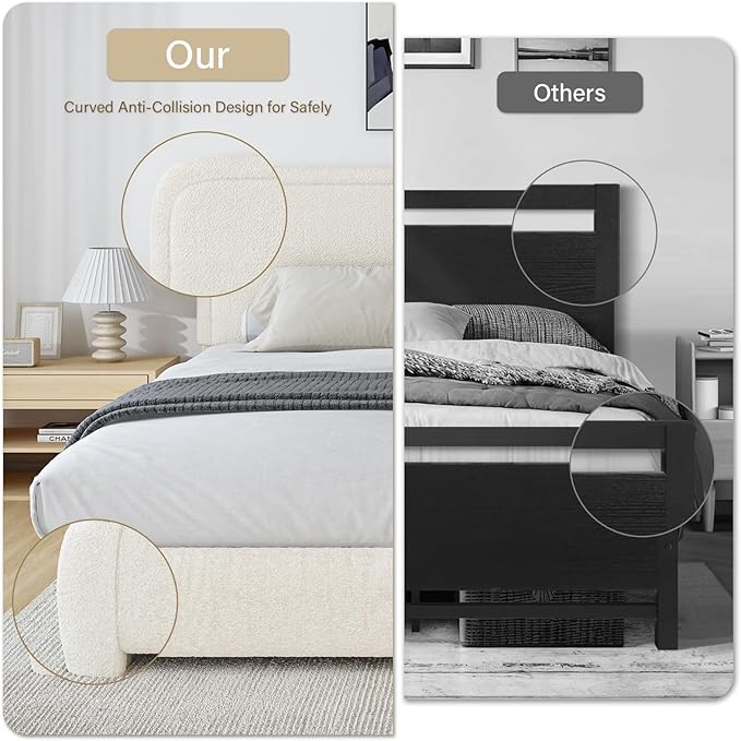 BarnFurin Twin Size Bed Frame,Cloud Boucle Upholstered Platform Bed Frame with Headboard, Modern Style, Soft Rounded Corners, No Box Spring Required, Easy Assembly, Cream