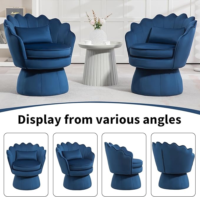360° Swivel Accent Chair, Mid-Century Modern Velvet Barrel Chair, Comfy Shell Shape Arm Chair with Lumbar Pillow for Living Room, Bedroom, Office, Dark Blue