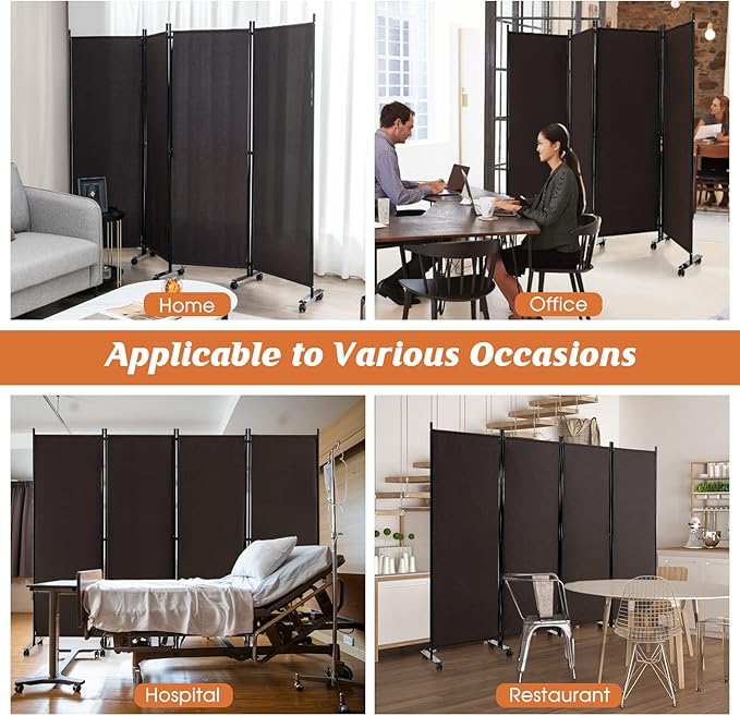 GOFLAME 4 Panel Folding Room Divider, 6FT Rolling Privacy Screen with Lockable Wheels, Portable Room Partition Screen, Freestanding Wall Divider and Separator for Home Office, Brown