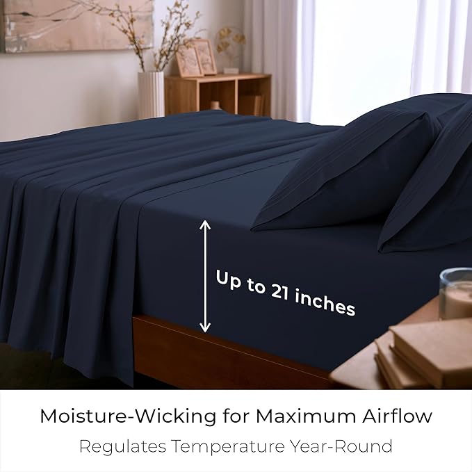 Mellanni California King Sheet Set - 6-Piece Iconic Collection Bedding, (Including 4 Pillowcases), 21-Inch Extra Deep Pocket, Easy Care, Ultra Soft, Cooling Sheets, Brushed Microfiber - Navy Blue