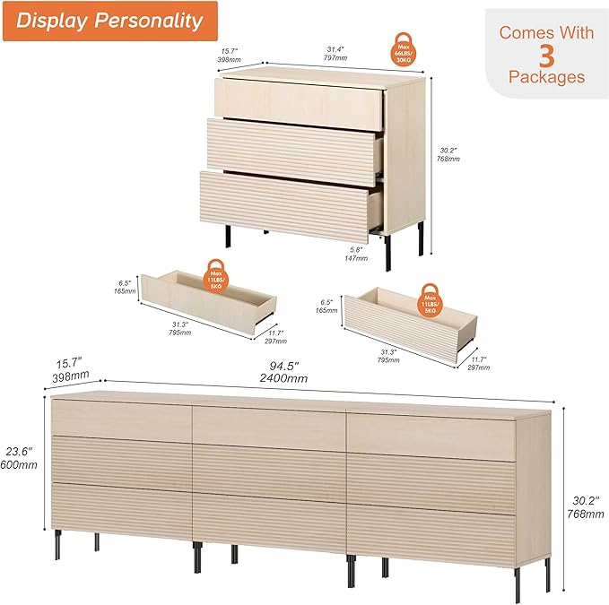 WAMPAT 94.5" W Fluted Dresser for Bedroom, Modern 9 Drawer Dresser TV Stand with Hidden Handles, Wooden Chest of Drawers Closet Clothes Storage Organizer for Bedroom, Living Room, Beige