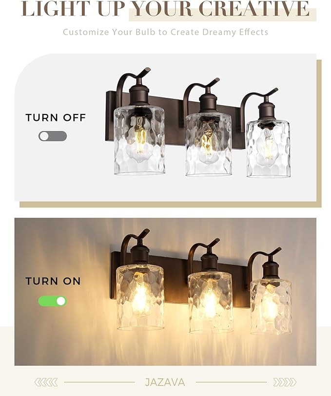 Bathroom Vanity Light Fixtures Over Mirror 3-Light Hammered Glass Wall Mounted Modern Oil Rubbed Bronze - VL01ORBH-3