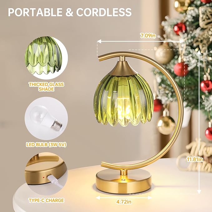 Tulip Table Lamp with 5200mAh Battery & Touch Control, Cordless Lamp with 3 Color Temperatures Clear Bulb, Rechargeable Small Table Lamps for Living Room, Bedside, Nightstand (Green Tulip)