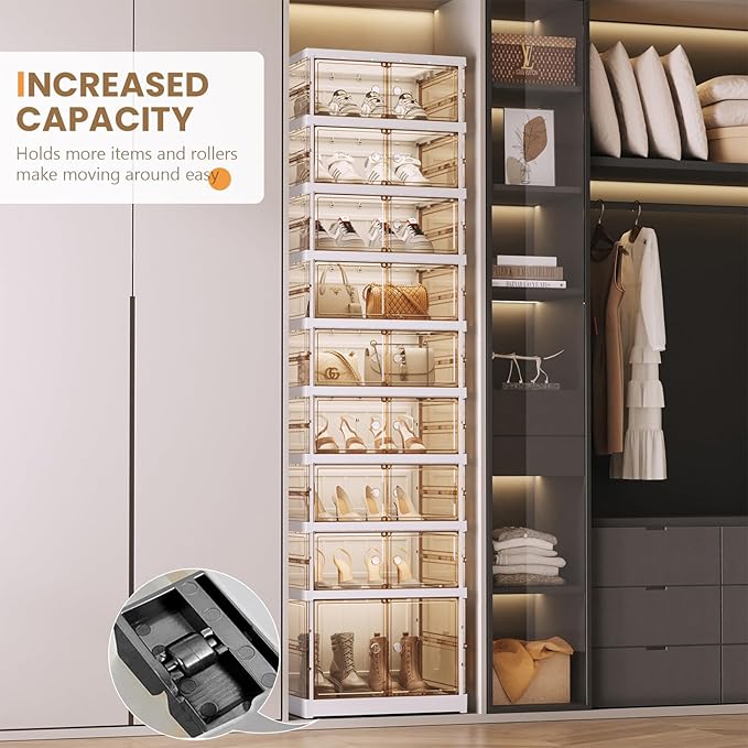 Shoe Rack Organizer for Closet Entryway Foldable Sneaker Storage Shoe, Collapsible Shoe Cabinet, Stackable Shoe Storage Cabinet with Lids for Living Room (9 Tiers -18 Pairs Transparent)