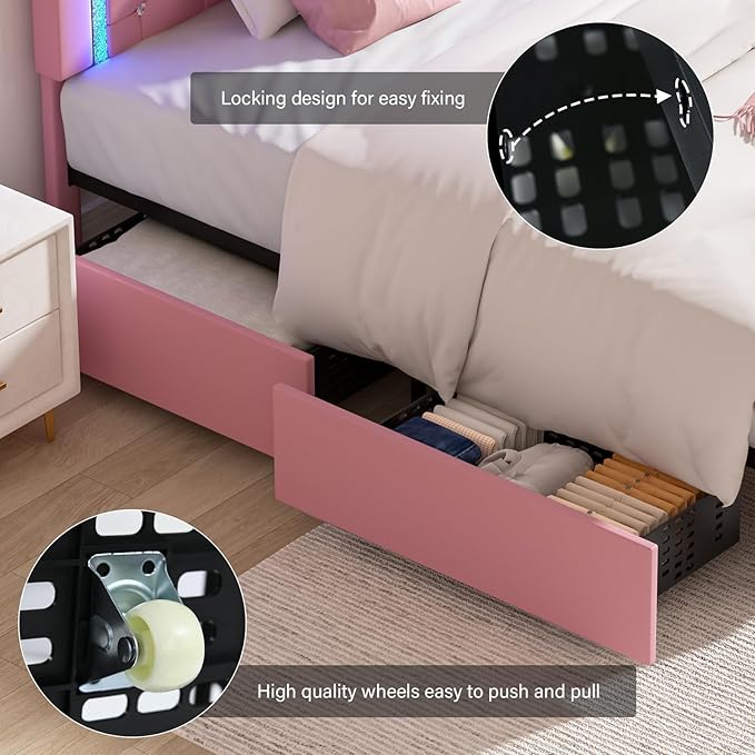 BarnFurin Twin Bed Frame with LED Lights and Storage Drawers, Upholstered Platform Bed with Diamond Headboard, Faux Leather Princess Platform Bed, No Box Spring Needed, Easy Assembly, Pink