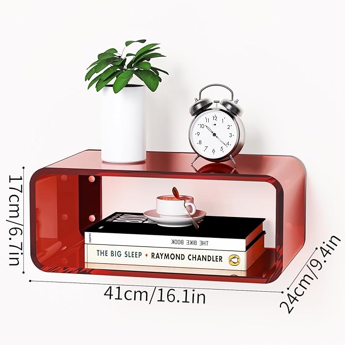 Acrylic Floating Nightstand, Bedside Table, Nightstand Shelf Wall Mounted Bedside Shelf (Red, Small)