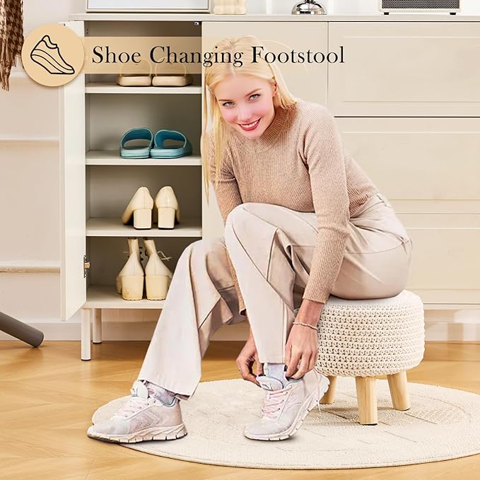 LGENHOOM Boho Ottoman Foot Stool Cotton Knitted Round Pouf Ottoman Foot Rest Stool with Non-Skid Wooden Legs Step Stool Padded Seat for Living Room White