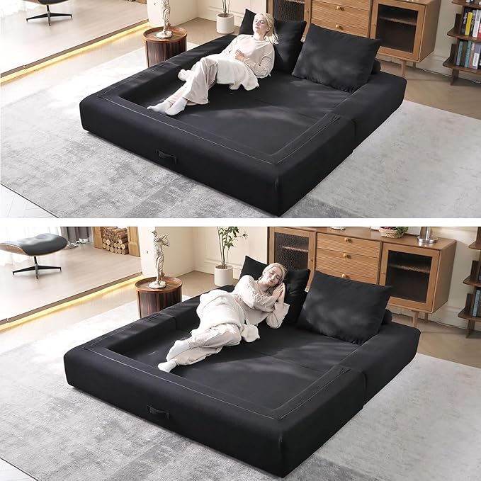 79'' Convertible Sleeper Sofa Bed, 3-in-1 Foldable Floor Couch with Corduroy Upholstery, No Assembly Loveseat, Light Brown Lounge Mattress for Living Room, Studio, Guest Room (Black)