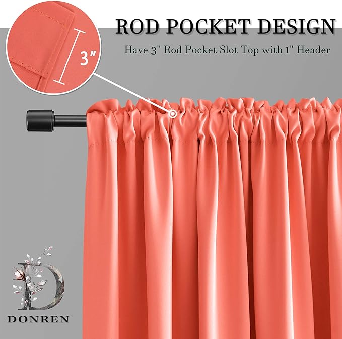 DONREN Coral Room Darkening Curtain Panels for Bedroom - 54 Inch Length Thermal Insulated Rod Pocket Curtains (42 by 54 Inches Long,2 Panels)