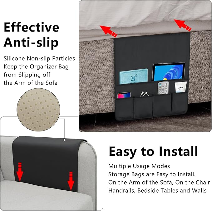 TV Remote Control Holder Couch Caddy, Non-slip Bedside Caddy Organizer with 5 Pockets for Key Glasses Phone Magazine Holders (Black, 35''x18'')