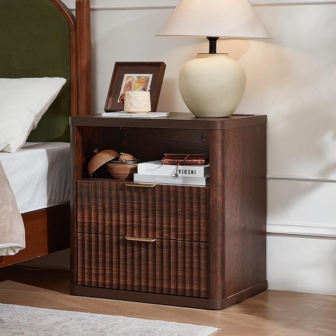 LEYAOYAO Fluted Nightstand with Charging Station, 23" Wide 2 Drawers Night Stand,Walnut End Table with Open Storage,Farmhouse Bed Side Tables, Wood Dresser for Bedroom, Living Room, Closet