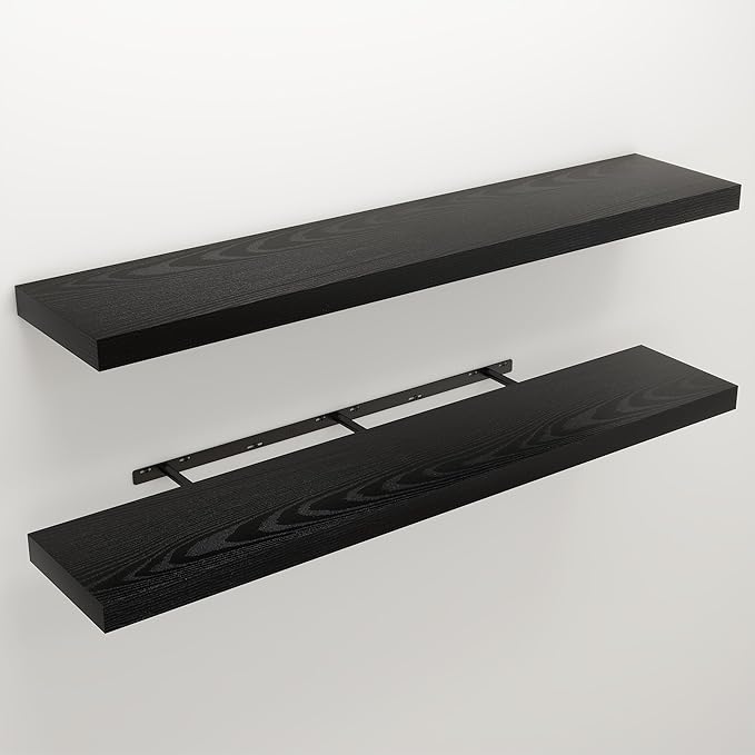 Floating Shelves for Wall, 9.3" Deep Wall Mounted Wood Shelves for Bathroom, Bedroom, Living Room, Kitchen, Hanging Shelf for Books/Storage/Room Decor (Black, 48")