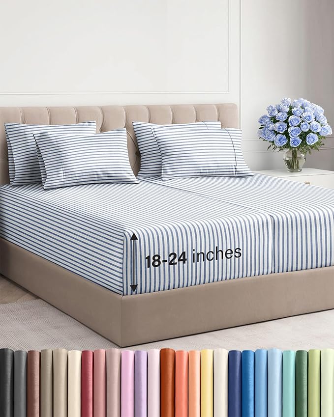 Extra Deep Split King Sheet Set - 7 Piece Breathable & Cooling Sheets - Hotel Luxury Bed Sheets Set - Easy Fit - Soft, Wrinkle Free & Comfy Sheets Set - Blue Striped Sheet Set w/Extra Deep Pockets
