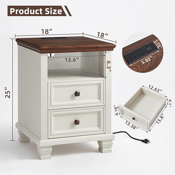 SAVOR LIFE Farmhouse Nightstand Set of 2 with Charging Station, Antique Nightstands with Drawers, Bedside Table with Open Shelf for Bedroom, White