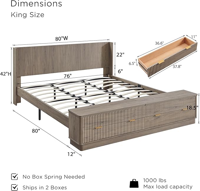 T4TREAM Fluted King Size Bed Frame with Wingback Headboard, Footboard Storage Bench with Built-in Drawers & Lift-Up Compartments, Wood & Steel Platform Bed, No Box Spring Needed, Grey Alder