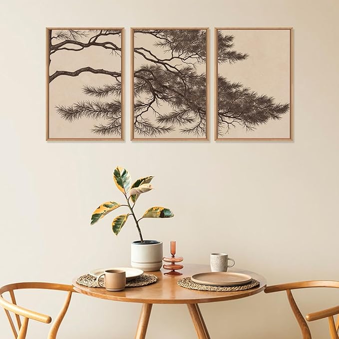 LHIUEM Large Vintage Pine Tree Branch Framed Canvas Wall Art,Sketch Botanical Wall Decor,Nature Plant Artwork,Brown Antique Etching Art Prints for Living Room,Bedroom,Office- 24"x36"x3