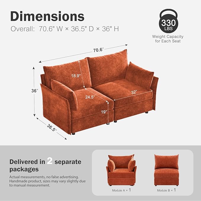 ABCASA Oversized Loveseat Sofa, Modern Modular Sectional Couch Terracotta Orange Fluffy Chenille Mid Century 2-Seat 24.5" Deep Seat for Apartment, Living Room, Bedroom