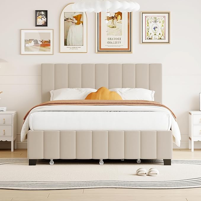 Queen Bed Frame with Trundle Bed,Velvet Upholstered Platform Bed Frame with Storage Drawers,Queen Size Trundle Bed with Headboard for Kids Teens Adults,Beige
