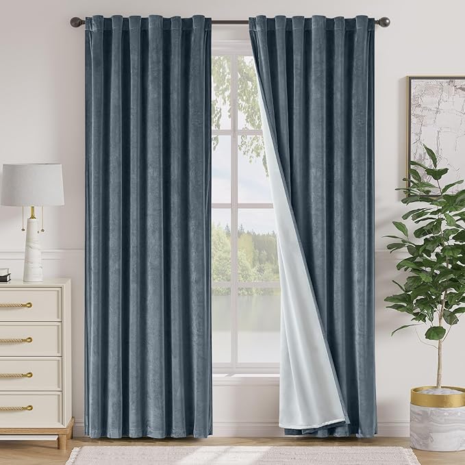 Lazzzy Velvet Blue Curtains 90 Inches Long Blackout Thermal Insulated Room Darkening Lined Curtain Drapes Luxury Back Tab Window Treatments for Bedroom Living Room 2 Panels, 52 x 90 Inch, Aegean Blue