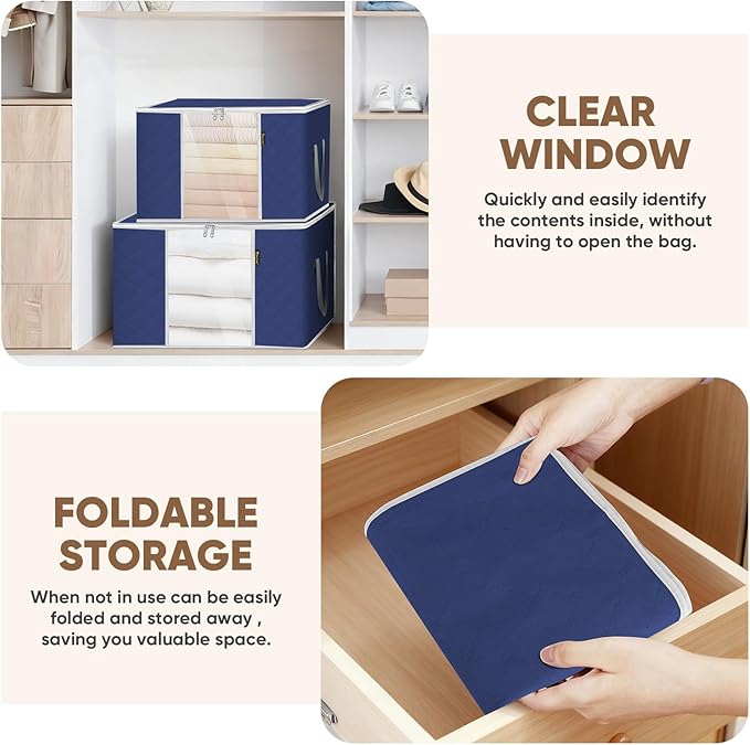BALEINE 3 Pack Clothes Storage Bags, 16 Gallon Storage Containers with Reinforced Handle, Sturdy Zipper, Closet Organizer for Blanket, Comforter, Pillow, Bedding (Blue, 3 Pack)