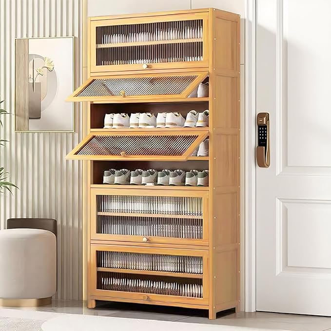 Tall Shoe Cabinet with Acrylic Doors, 10-Tier Large Capacity Bamboo Shoe Cabinet, 40-45 Pairs Freestanding Shoe Rack & Shoe Organizer for Closet Entrance, Hallway, Living Room, Bedroom