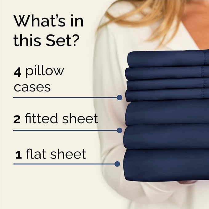 Split King 7 Piece Sheet Set - Cooling & Breathable - Hotel Luxury Bedding, Includes Fitted Sheets for Women, Men, Kids & Teens - 1 Flat, 2 Fitted Sheets, 4 Pillowcases with Deep Pockets - Navy Blue