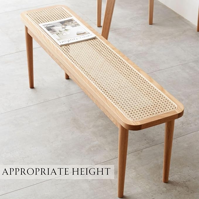 39.4'' Natural Rattan Dining Bench with 100% Solid Oak Wood Bench Frame, Bed End Shoe Ottoman for Kitchen Bedroom Entryway, Natural Oak