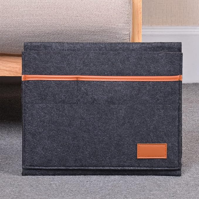 Bedside Caddy for Dorm and Bed Storage - Black Felt Organizer with 5 Pockets for Book, Phone, Tablet, iPad and Remote Holder