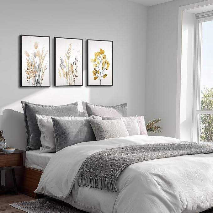 YCJKJDZ Framed Beige Botanical Canvas Wall Art Set of 3, Boho Watercolor Wildflower Pampas Grass Poster Neutral Leaf Art Fall Nature plant Prints for Living Room, Bedroom, Office, – 16x24 in