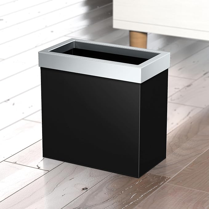 Gatco Modern Rectangle Wastebasket, Matte Black and Chrome Combo - Stainless Steel Trash Can with Removable Lid, Leakproof, 3 Gallon Capacity for Bathroom, Bedroom, Kitchen, or Office
