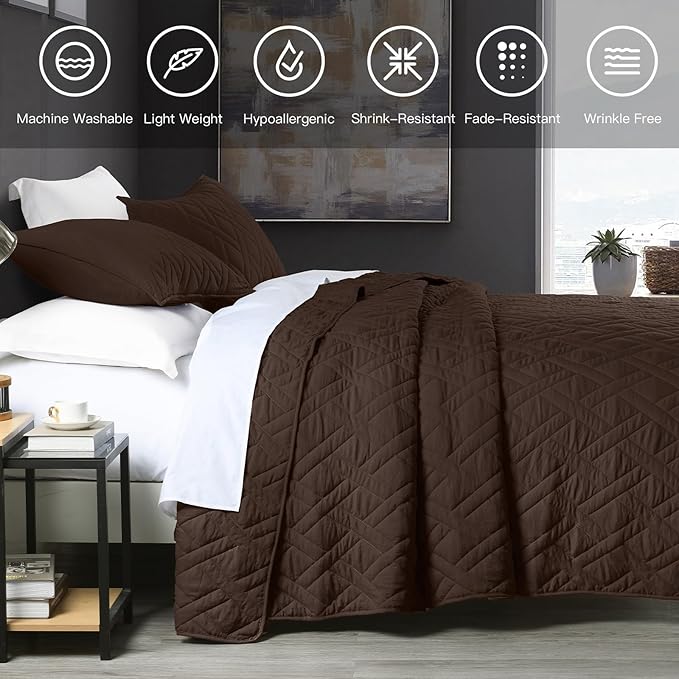 HORIMOTE HOME Quilt Set Queen Size Chocolate, Classic Geometric Diamond Stitched Pattern, Ultra Soft Microfiber Lightweight Bedding Bedspread Coverlet for All Season with 1 Quilt 2 Pillow Shams
