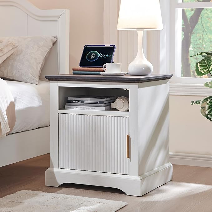22" Large Fluted Nightstand with Charging Station, Modern End Table, Wood Side Table w/Open Shelf & Spacious Tabletop, Bedside Table with Storage Space for Bedroom, Living Room-White