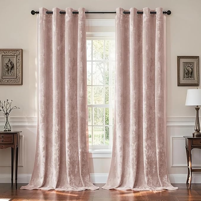 SMILETIME Pink Crushed Velvet Curtains 52x108 inch Luxurious Thermal Insulated Soundproof Drapes for Living Room Bedroom Office Soft and Durable Light-Filtering Window Treatments, 2 Panels