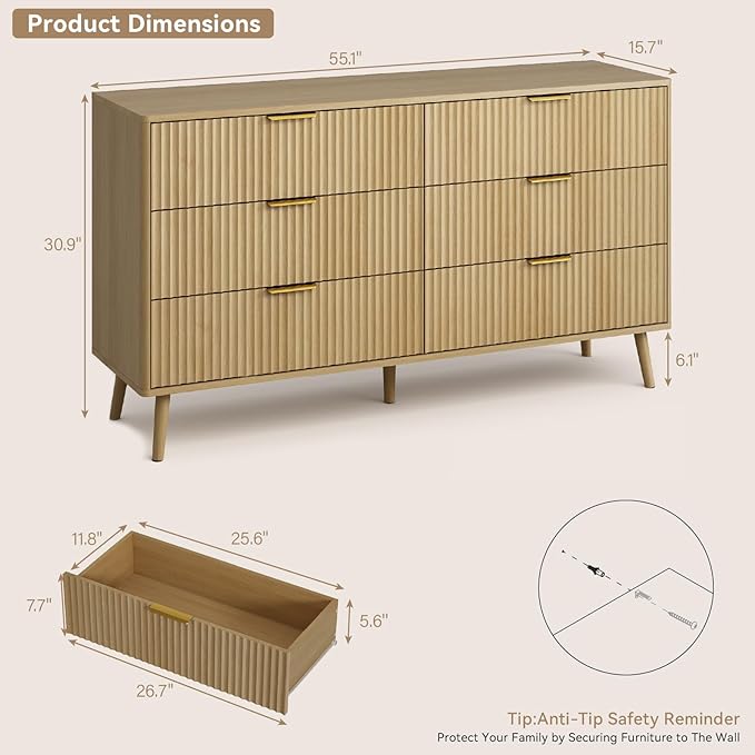 CARPETNAL Fluted 6 Drawer Dresser for Bedroom, 55" Wide Wooden Chest of Drawers with Rounded Corners, Gold Handles, Modern Storage Organizer for Bedroom, Hallway(Oak)