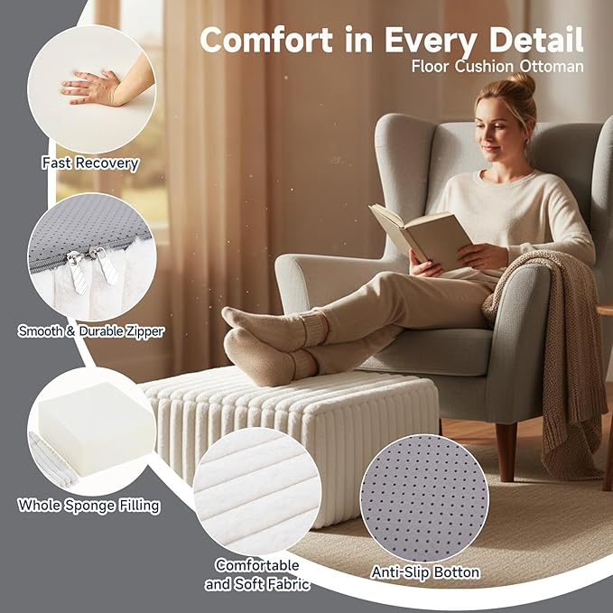 Tiita Suqre Stuffed Pouf Ottoman, Stripe Poufs 21×21×10 inch with Foam Chunk Filling, Floor Bean Bag Floor Chair Storage for Living Room Bedroom Home Decor, Beige